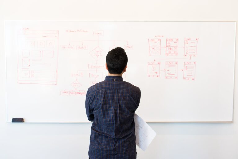 man standing infront of white board